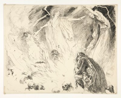 Pierwsze Objawienie: Makbet! Makbet! Makbet! strzeż się Macduffa., Akt IV, Scena 1, Makbet autorstwa Edwin Austin Abbey
