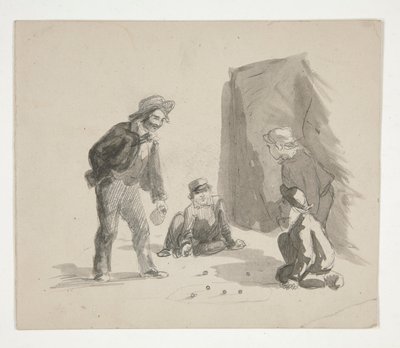Czterech chłopców grających w kulki (recto); Niezidentyfikowana ilustracja chłopca przy sztalugach we wnętrzu (verso) autorstwa Edwin Austin Abbey