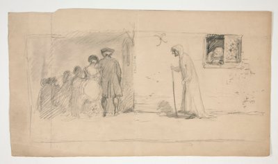 Grupa postaci poza kamiennym domem - niezidentyfikowana ilustracja autorstwa Edwin Austin Abbey