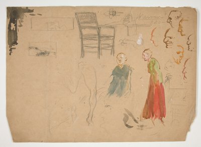 Studia głowy i figury oraz Studium katedry (recto); Szkice do ilustracji książkowych (verso) autorstwa Edwin Austin Abbey
