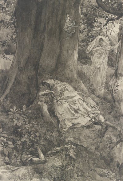 Hermia w lesie, ilustracja do aktu III, scena II, Noc świętojańska autorstwa Edwin Austin Abbey