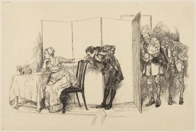 Ilustracja do She Stoops to Conquer Goldsmitha: „Tutaj, za tym parawanem” autorstwa Edwin Austin Abbey