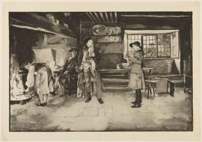 Ilustracja do She Stoops to Conquer Goldsmitha: „Bez obrazy, ale pytanie za pytanie jest całkiem fair, wie pan” autorstwa Edwin Austin Abbey