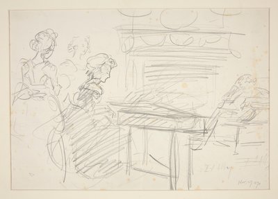 Scena wewnętrzna: kobieta przy fortepianie i rodzina - niezidentyfikowana ilustracja autorstwa Edwin Austin Abbey