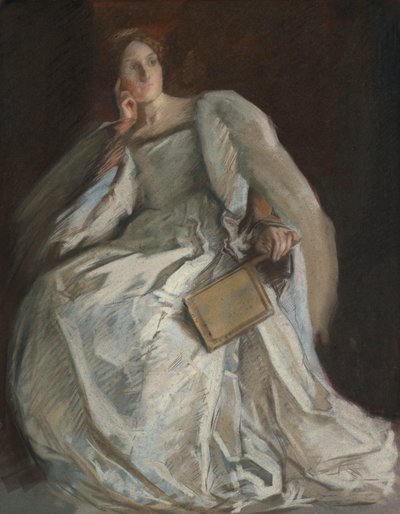 Pani w bieli siedzącej. Prawa ręka do podbródka. Trzymający wentylator. autorstwa Edwin Austin Abbey