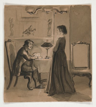 Mężczyzna i kobieta we wnętrzu - niezidentyfikowana ilustracja autorstwa Edwin Austin Abbey