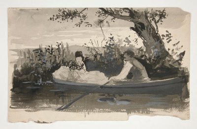 Mężczyzna i kobieta w łodzi wiosłowej, w pobliżu brzegu rzeki - niezidentyfikowana ilustracja autorstwa Edwin Austin Abbey