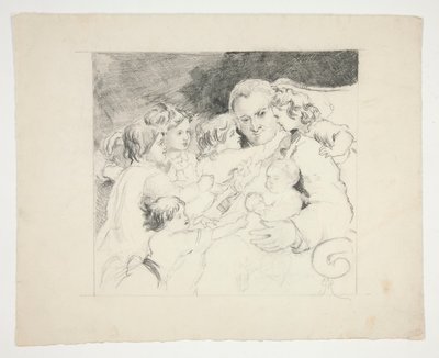 Mężczyzna z dziećmi wokół niego - niezidentyfikowana ilustracja autorstwa Edwin Austin Abbey