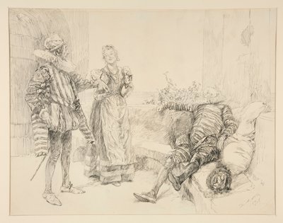 Maria, Sir Andrew i Toby, ilustracja do Aktu I, Scena III, Wieczór Trzech Króli autorstwa Edwin Austin Abbey