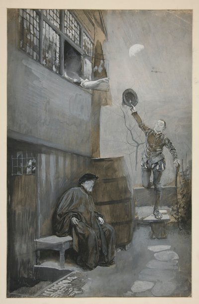 Szkic do Nighttime Rendezvous - 3 postacie: dwóch mężczyzn, jedna kobieta autorstwa Edwin Austin Abbey