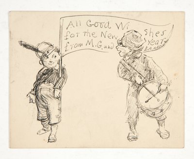 Szkic do kartki z życzeniami: Wszystkie dobre życzenia na Nowy Rok od M.G. i E.A. Opactwo autorstwa Edwin Austin Abbey