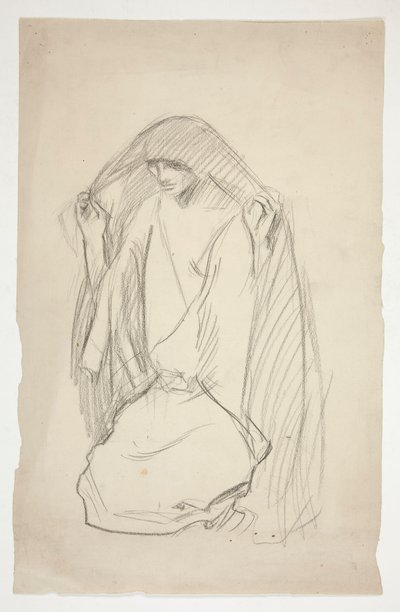 Szkic zakapturzonej postaci kobiecej modlącej się do Trzech Marii pod Krzyżem autorstwa Edwin Austin Abbey