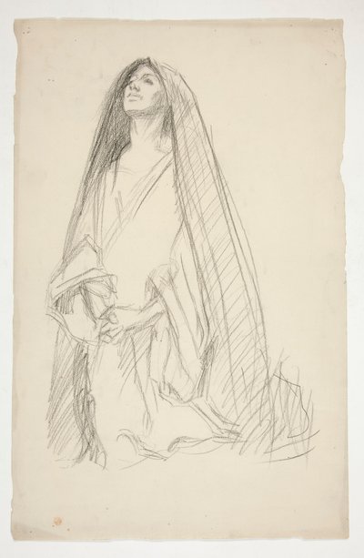 Szkic zakapturzonej postaci kobiecej modlącej się do Trzech Marii pod Krzyżem autorstwa Edwin Austin Abbey