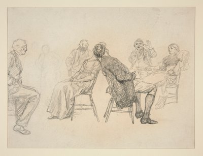 Szkic pary grającej w grę, otoczonej przez gapiów, we wnętrzu (?) - niezidentyfikowana ilustracja autorstwa Edwin Austin Abbey