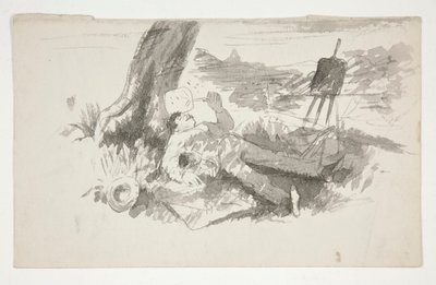 Szkic malarza plenerowego drzemiącego pod drzewem - niezidentyfikowana ilustracja autorstwa Edwin Austin Abbey