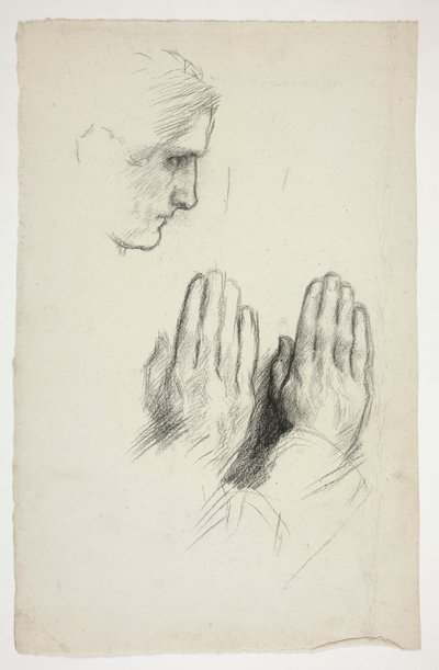 Szkic młodego mężczyzny z profilu; szkic dwóch zestawów rąk do modlitwy autorstwa Edwin Austin Abbey