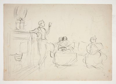 Szkic wnętrza: mężczyzna czytający na głos, kobiety robiące na drutach - niezidentyfikowana ilustracja autorstwa Edwin Austin Abbey