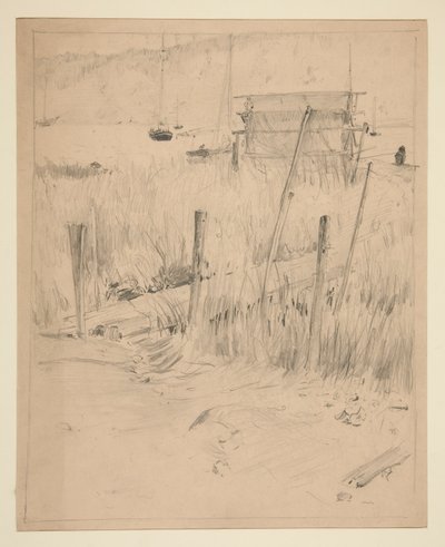 Szkic starego doku, wokół którego rosną chwasty autorstwa Edwin Austin Abbey