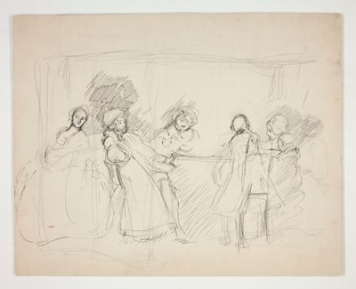 Szkic postaci wokół stołu - niezidentyfikowana ilustracja do przedstawienia (?) autorstwa Edwin Austin Abbey