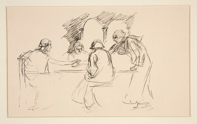 Szkic czterech mężczyzn w średniowiecznych strojach przy stole - niezidentyfikowana ilustracja, prawdopodobnie dla autorstwa Edwin Austin Abbey