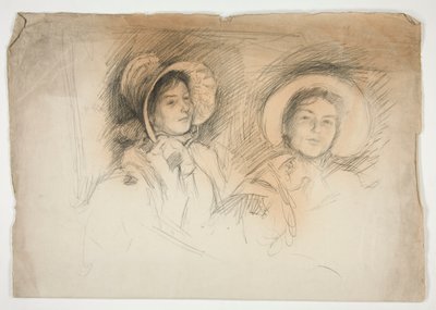 Szkic dwóch młodych kobiet w czepkach (niezidentyfikowane opiekunki) autorstwa Edwin Austin Abbey