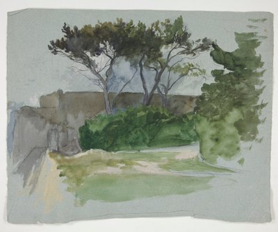 Studium krajobrazu z drzewami i kamiennym murem autorstwa Edwin Austin Abbey