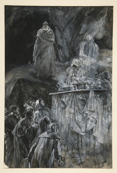 Bankiet, ilustracja do aktu III, scena III, Burza autorstwa Edwin Austin Abbey
