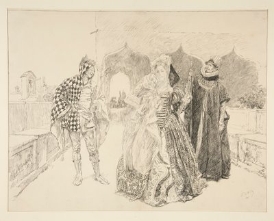 Klaun i Malvolio, ilustracja do aktu I, scena v, Wieczór Trzech Króli autorstwa Edwin Austin Abbey