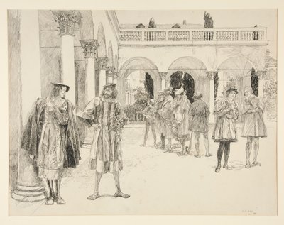 Dziedziniec Pałacu, z aktu IV, scena II, Dwóch dżentelmenów z Werony autorstwa Edwin Austin Abbey