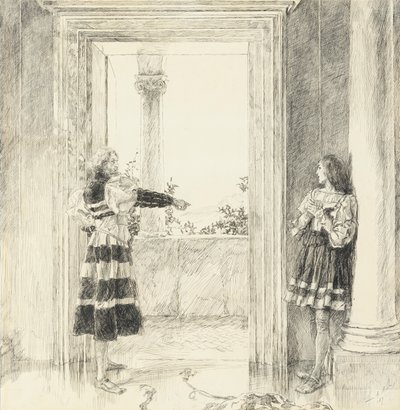 Książę wypędza Valentine, z aktu III, scena i, Dwóch dżentelmenów z Werony autorstwa Edwin Austin Abbey