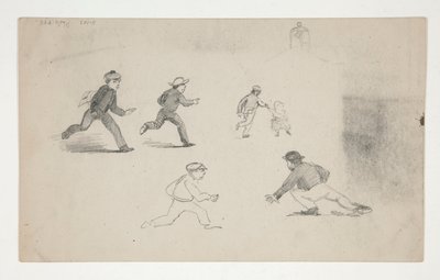 Trzy Studia (mężczyźni z końmi, studium głowy) (recto); Sześć badań biegnących postaci, studium dzwonnicy (verso) autorstwa Edwin Austin Abbey