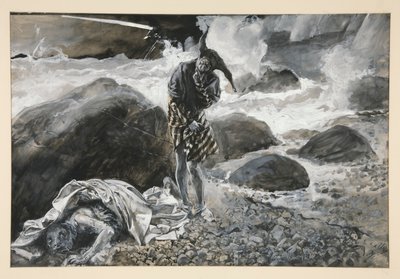 Trinculo i Kaliban, ilustracja do aktu II, scena II, Burza autorstwa Edwin Austin Abbey