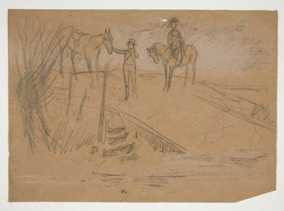 Dwóch mężczyzn i dwa konie w krajobrazie - niezidentyfikowana ilustracja autorstwa Edwin Austin Abbey