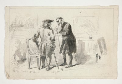 Dwóch mężczyzn rozmawiających we wnętrzu - niezidentyfikowana ilustracja autorstwa Edwin Austin Abbey