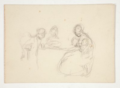Niezidentyfikowana ilustracja - studium postaci przy stole. Siedzący mężczyzna na odwrocie. autorstwa Edwin Austin Abbey