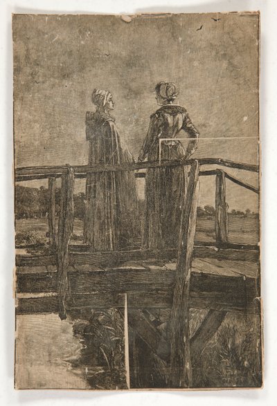 Niezatytułowany drzeworyt wykonany przez E.A. Opactwo (?) dwóch pań na drewnianej kładce - ilustracja dla Williama Blacka autorstwa Edwin Austin Abbey