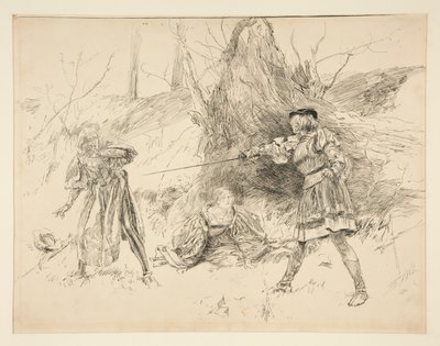 Valentine ratuje Sylwię, z aktu V, scena iv, Dwóch dżentelmenów z Werony autorstwa Edwin Austin Abbey