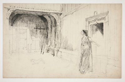 Kobieta i pies we wnętrzu - (niezidentyfikowana ilustracja do sztuki?) autorstwa Edwin Austin Abbey
