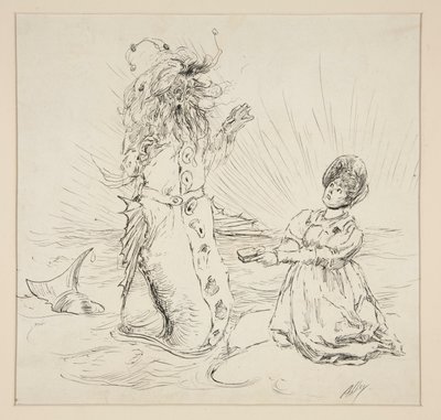 Kobieta i wąż na plaży, szkic do The Lay of the Lobster autorstwa Edwin Austin Abbey