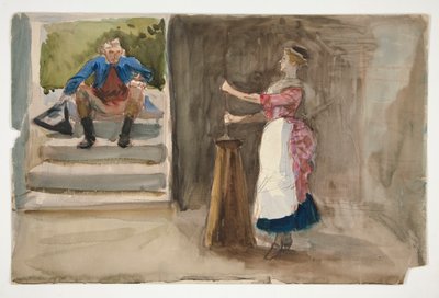 Kobieta ubijająca masło, mężczyzna w rewolucyjnej sukience oglądający - (niezidentyfikowana ilustracja) autorstwa Edwin Austin Abbey