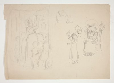 Kobieta z dziećmi i kreskówka - niezidentyfikowana ilustracja autorstwa Edwin Austin Abbey