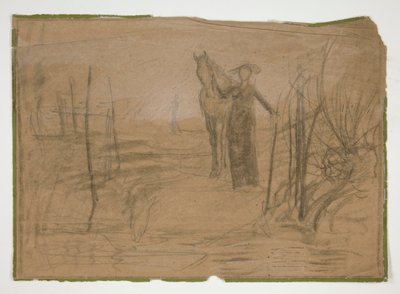 Kobieta z koniem w krajobrazie - niezidentyfikowana ilustracja autorstwa Edwin Austin Abbey