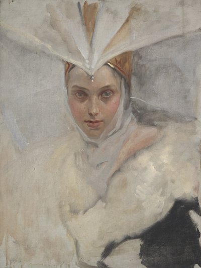 Kobieta w nakryciu głowy rybołowa i białym futrzanym kołnierzu, 1897 autorstwa Edwin Austin Abbey