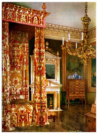 Łóżko Queen Annes, komoda na stojaku i drewniany kandelabr, 1910 r. autorstwa Edwin Foley