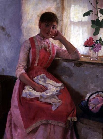 Portret dziewczynki w różowym fartuchu autorstwa Edwin Harris