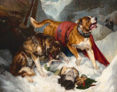 Alpejskie mastify ożywiają udręczonego podróżnika, 1820. autorstwa Edwin Henry Landseer