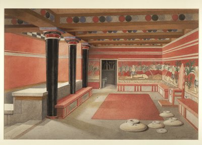 Malowidło odtworzonej Sali Tronowej Pałacu Minosa w Knossos autorstwa Edwin J. Lambert
