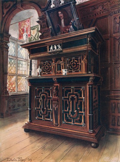 Szafka z dębu i orzecha, z hebanowymi panelami i kolumnami, inkrustowana palisandrem i grawerowaną kością słoniową autorstwa Edwin John Foley
