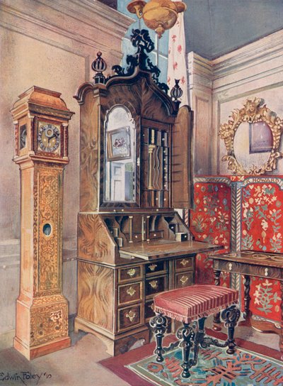 Zespół mebli z początku XVIII wieku. Szafka z orzecha włoskiego Scrutoire. Inkrustowany jawor („żółty”) zegar. Caeved Tabouret autorstwa Edwin John Foley