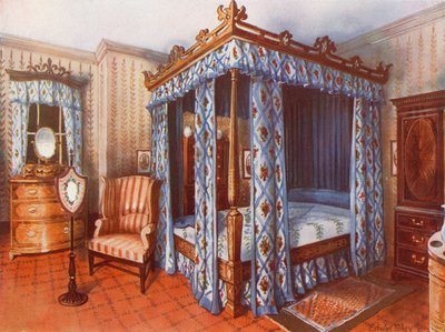 د هپل سپین خوب خونه. د چینټز پرده نصب شوی سټین ووډ بستر. Inlaid Satinwood جامې سينه او Mahogany Wardrobepoli autorstwa Edwin John Foley